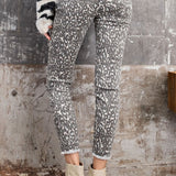 GRAY ANIMAL PRINTED SELF DISTRESSED ANKLE STRETCH PANTS