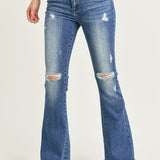 Risen High Rise Distressed Raw Hem Flare Jeans
