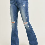 Risen High Rise Distressed Raw Hem Flare Jeans