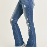 Risen High Rise Distressed Raw Hem Flare Jeans