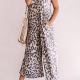 Leopard Print Pockets Wide Leg Sleeveless Jumpsuit
