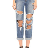 Cello High Rise Double Rolled Cuff Distress Mom Jean