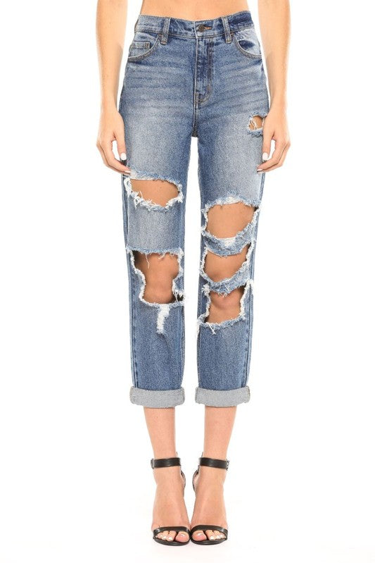 Cello High Rise Double Rolled Cuff Distress Mom Jean