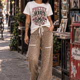 Khaki Leopard Wide Leg Drawstring Pants
