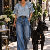 Sky Blue Split Neck Crochet Peasant Blouse
