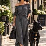 Gray Shirred Off Shoulder Maxi Dress with Split