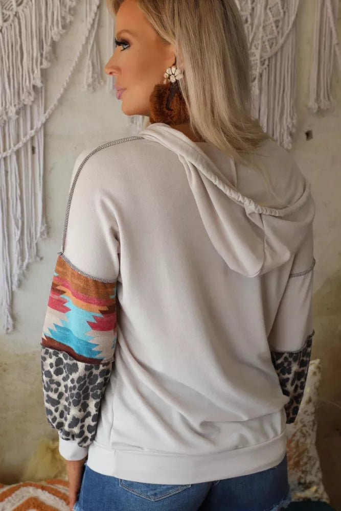 White Aztec Leopard Color Block Drop Sleeve Hoodie