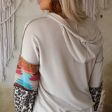 White Aztec Leopard Color Block Drop Sleeve Hoodie