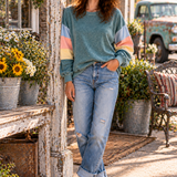 Blue Colorblock Long Sleeve Pullover Sweatshirt